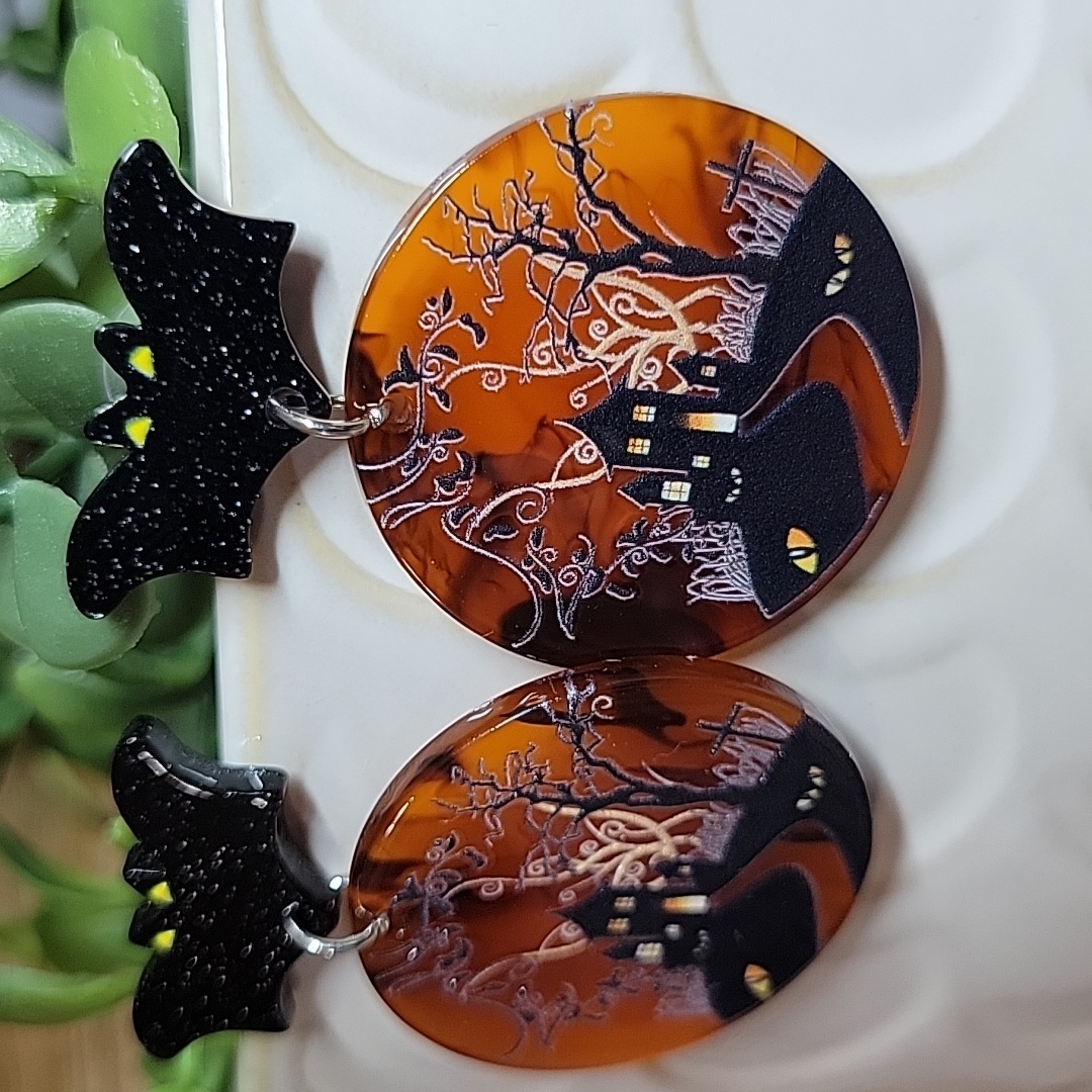 Last Pair Halloween Bat And Haunted House Earrings 19$